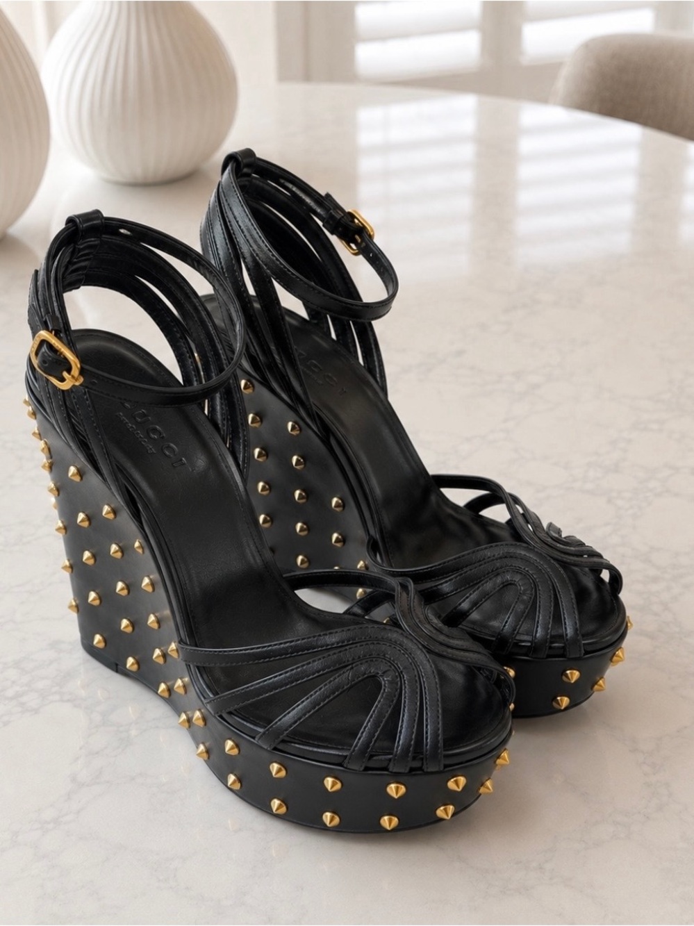 Gucci Black Leather Gold-Stud Wedge Sandals